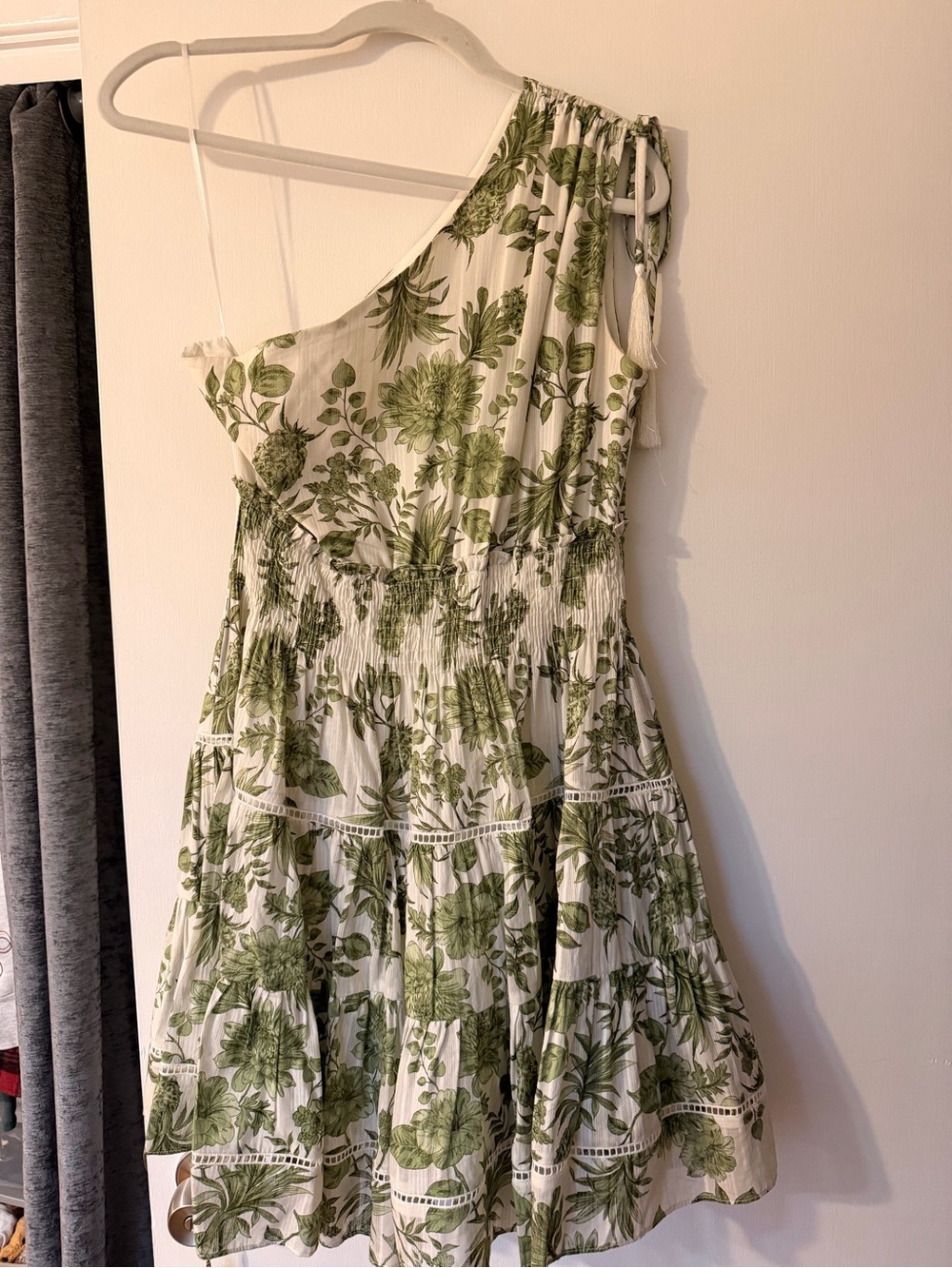 Taylor One-Shoulder White Dress with Green Floral Print